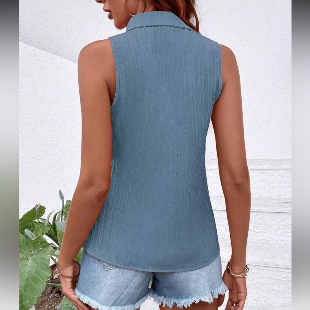 New Blue Ribbed Button Down Tank Top - Picture 4 of 4